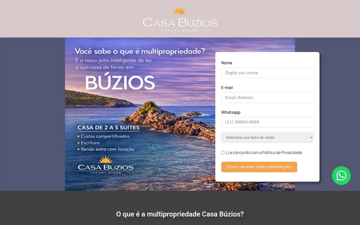 Página inicial do site da Casa Búzios Luxury Share